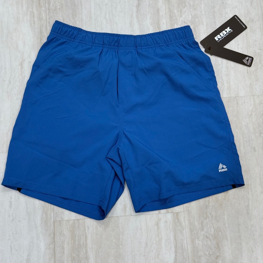 RBX Active Mens Training Shorts Blue Black Stripe 7 Inch Inseam Size Small NWT